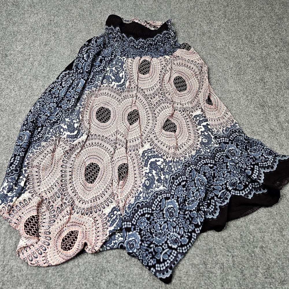 Boho Midi Skirt Size 23 Blue Pink Mandala Handkerchief Flowy‎ Festival Geometric